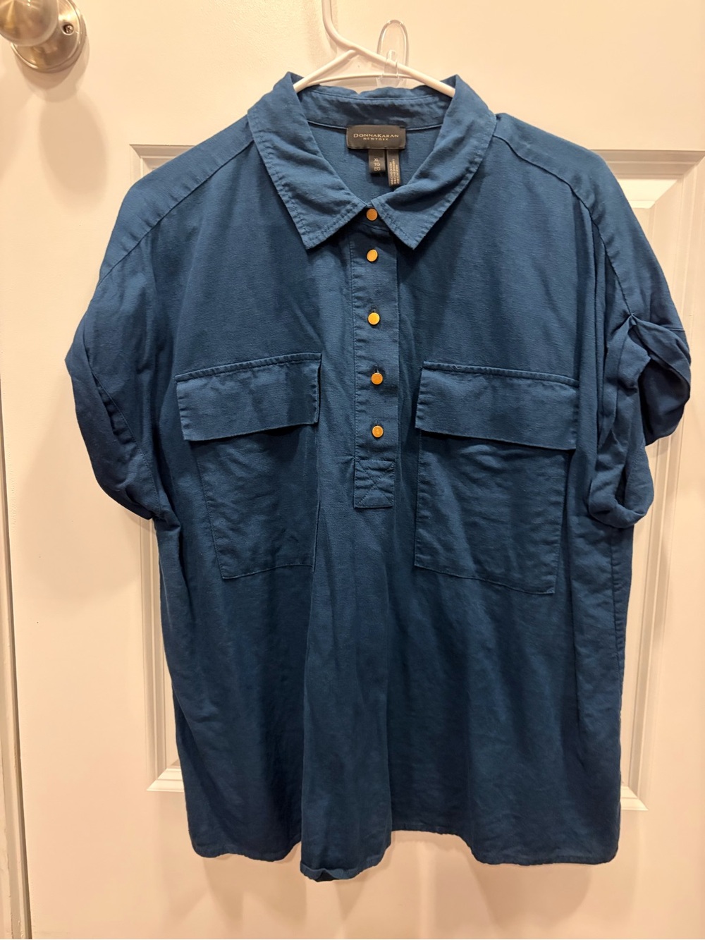 Donna Karan Teal Blue Casual Button-Front Shirt with Gold Buttons